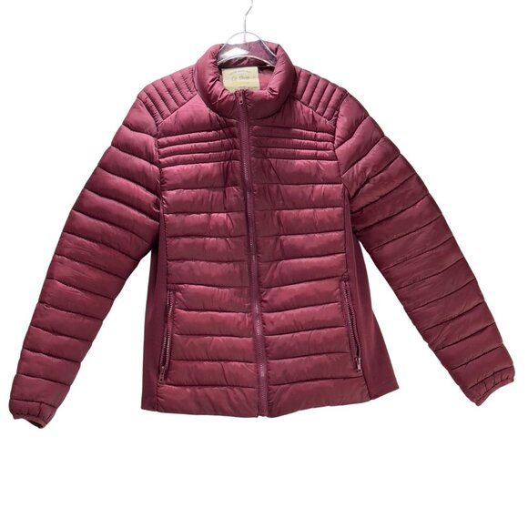 Ci Sono Womens Quilted Puffer Jacket Burgundy Full-Zip Long Sleeve Size Large - Picture 2 of 8